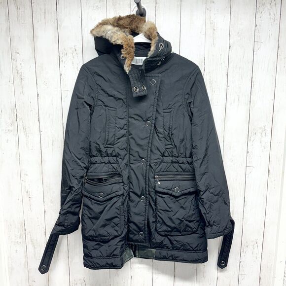 THEORY Jacket Women Size P/ Small Black Full Zip Hooded Double Pocket Black Fur - Picture 1 of 4